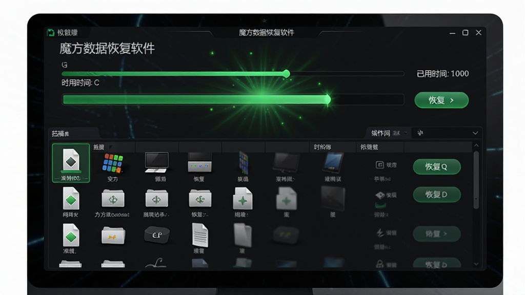 魔方数据恢复软件运行界面图,主体为电脑屏幕,屏幕中显示扫描进度条和文件列表,布局为上下结构,上方为进度条和已用时间,下方为文件预览列表,风格为暗色主题科技风,细节包括魔方数据恢复文字、绿色扫描光效、文件图标、恢复按钮,画质高清,干净,无多余元素。