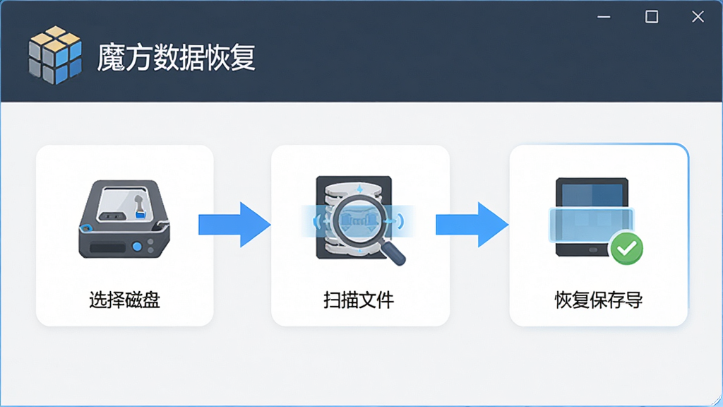 魔方数据恢复操作向导界面图,主体为软件窗口,窗口中显示三步操作流程图,第一步选择磁盘,第二步扫描文件,第三步恢复保存,布局为纵向排列,排版简洁,风格为扁平化设计,细节包括魔方数据恢复Logo、蓝色步骤高亮、磁盘图标、扫描动画,画质高清,干净,无多余元素。