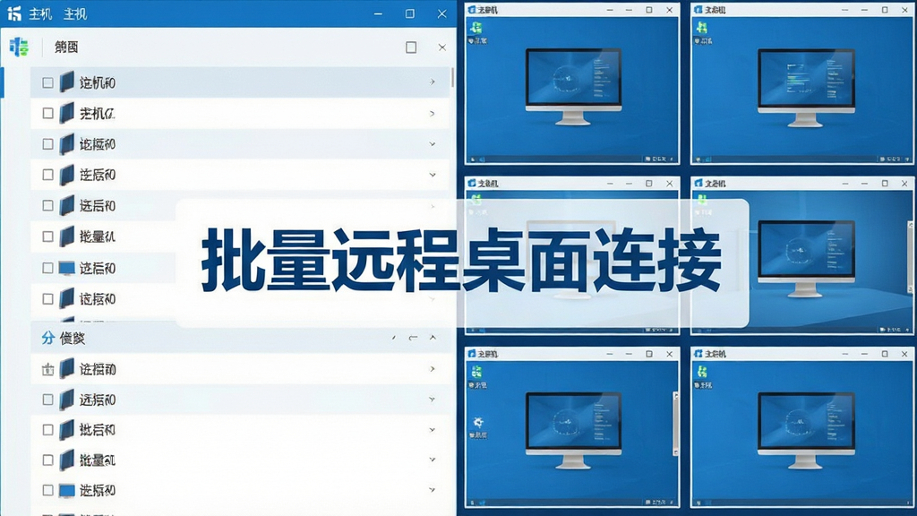 批量远程桌面连接软件功能展示图,画面左侧为分组的主机列表,右侧为多个远程桌面缩略图窗口,屏幕中显示“批量远程桌面连接”字样,布局整齐,风格为扁平化商务风,蓝白配色,细节清晰,画质干净,无多余元素