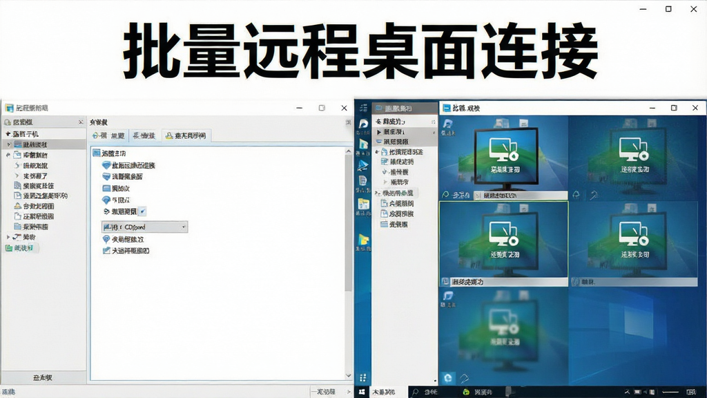 批量远程桌面连接使用教程截图,画面展示软件添加主机界面和连接成功后的多标签桌面,屏幕中显示“批量远程桌面连接”软件名称,布局清晰,风格为办公软件界面风格,浅色背景,细节丰富,画质高清,无多余元素