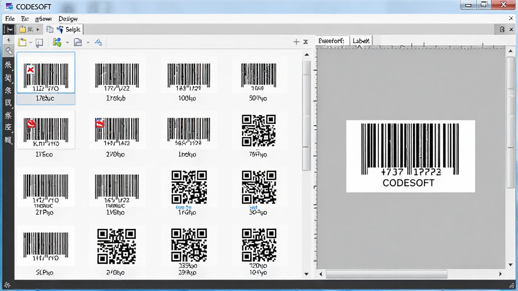 一张展示 CODESOFT条码标签设计软件 条码库面板的图片,画面主体是软件界面中的条码选择窗口,列表中排列着多种一维码和二维码缩略图,旁边有标签画布显示已插入的条形码,布局清晰,排版整齐,风格为软件功能截图,细节表现条码类型名称和图标,画质高清,干净,无多余元素