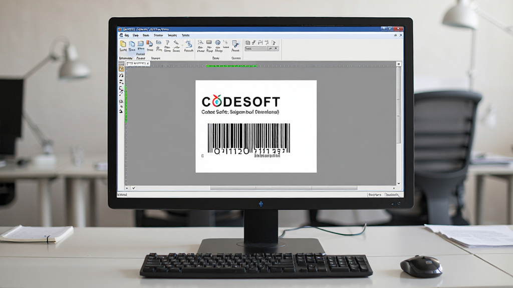 一张展示 CODESOFT条码标签设计软件 在电脑屏幕上运行的场景图,画面主体为办公桌面上的显示器,屏幕上显示软件标签编辑界面,旁边有键盘和鼠标,布局为正面视角,排版自然,风格为真实办公场景照片,细节表现屏幕内容清晰可见,画质高清,干净,无多余元素