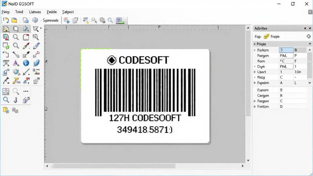 一张展示 CODESOFT条码标签设计软件 主界面的图片,画面中央是软件操作窗口,包含左侧工具栏、中间标签画布和右侧属性面板,画布上显示正在编辑的条形码标签,标签上有黑白条纹条码和文字信息,整体布局整洁,风格为现代软件界面截图,细节清晰可见工具栏图标和标签预览,画质高清,干净,无多余元素