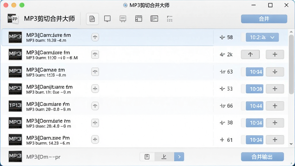 一张展示MP3剪切合并大师多文件合并功能的图片,主体是软件界面中的文件列表区域,布局为多个MP3文件按顺序排列,排版为纵向列表形式,风格为清爽的浅色界面,细节包括文件名称、时长、上下移动按钮、合并输出按钮,画质高清,干净,无多余元素。