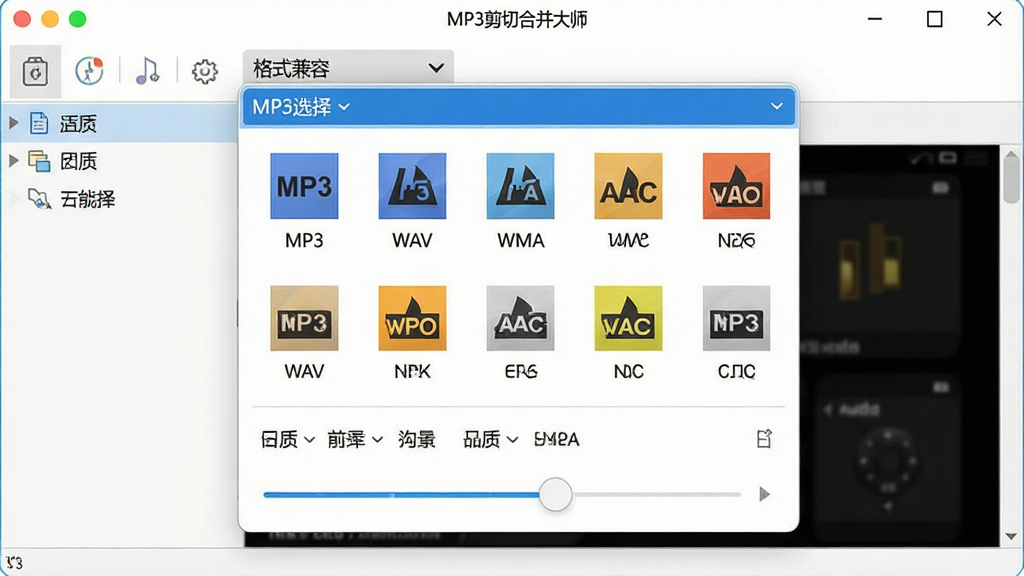一张展示MP3剪切合并大师格式兼容性的图片,主体是软件界面中的格式选择下拉菜单,布局为菜单展开显示多种音频格式图标,排版为居中弹出式面板,风格为扁平化设计,细节包括MP3、WAV、WMA、AAC、FLAC等格式标签、音质选择滑块,画质高清,干净,无多余元素。