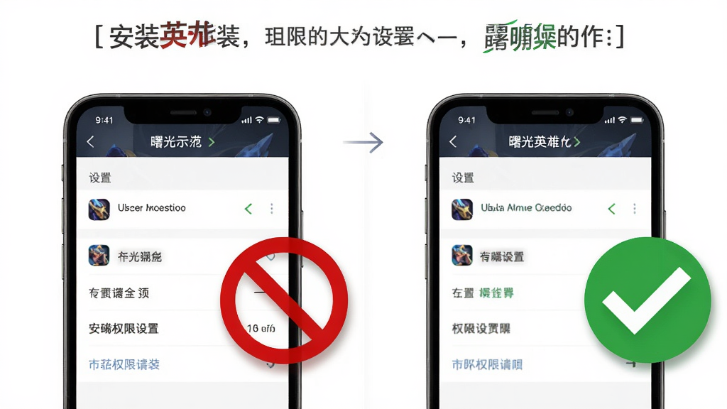 主体为一部手机屏幕显示曙光英雄的安装权限设置页面,旁边有一个红色禁止图标与绿色对勾图标形成对比;布局为左右分栏,左侧为错误示范,右侧为正确操作;排版清晰,上方有简短文字说明;风格为扁平化信息图;细节包括设置菜单的选项文字、图标阴影;画质为高清,画面干净,无多余元素。