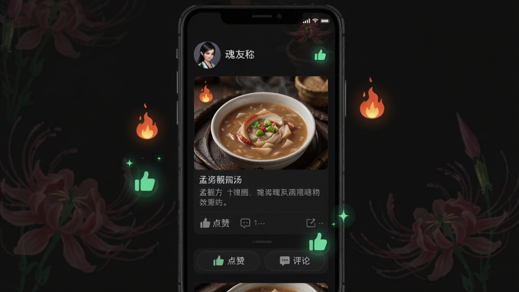 ������������Ȧ���棬�������ֻ���Ļ����ʾ�ŷ��罻��̬�б�������Ϊ���濨Ƭʽ��Ϣ�����Ű涥���л���ͷ�����ǳƣ��в�Ϊ��ƷͼƬ�������������ײ��е��������۰�ť�����Ϊ���ڹŷ�UI��ϸ�ڰ�������ɫ������Ч��Ʈ���Ļ��ͼ�ꡢ��͸���ı˰������ƣ����ʸ���ɾ��޶���Ԫ��