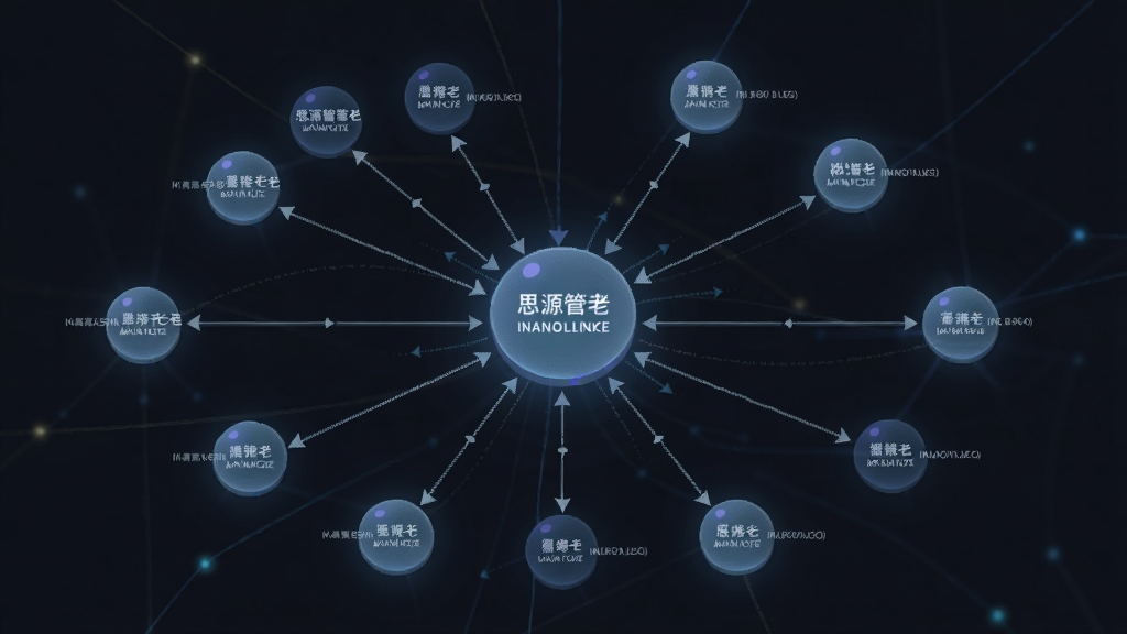 一张表现思源笔记双向链接功能的示意图,主体为悬浮在深色背景中的多个发光节点,节点之间用细线连接形成网络,布局呈放射状,排版上中心节点较大、周边节点环绕,风格为科技感数据可视化,细节包含节点内的文字标签和连线箭头,画面干净无多余元素,画质高清