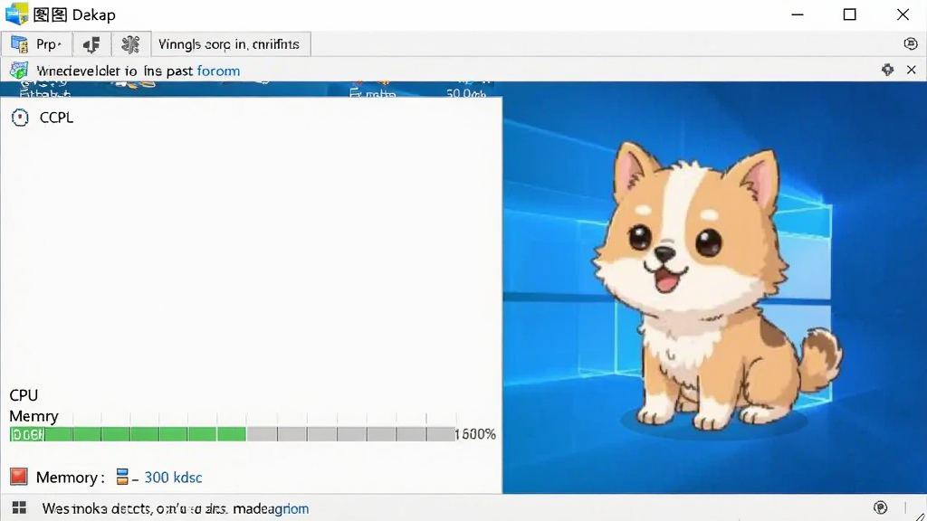 图图桌面在Windows任务管理器中的资源占用截图,显示CPU和内存占用极低,旁边是桌面上运行中的可爱宠物,画面风格简洁专业,画质清晰,干净无多余元素