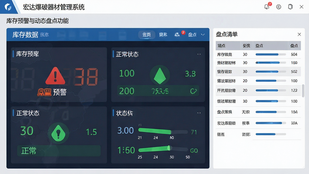 宏达爆破器材管理系统库存预警与动态盘点功能界面,画面中央为库存数据仪表盘,显示红色预警图标与绿色正常状态,旁边有盘点清单表格,采用简洁的商务风格,蓝白灰配色,布局左右分栏,细节上体现数字跳动与进度条,画质清晰,画面干净,无多余元素