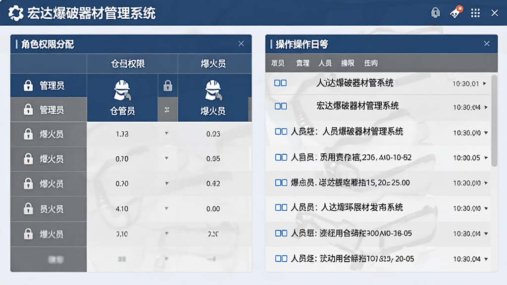宏达爆破器材管理系统人员权限与责任追踪界面,画面展示多角色权限分配表格与操作日志列表,包含管理员、仓管员、爆破员等角色图标,采用深蓝色与灰色为主的稳重风格,布局上下结构,细节上体现锁形图标与时间戳,画质清晰,画面干净,无多余元素