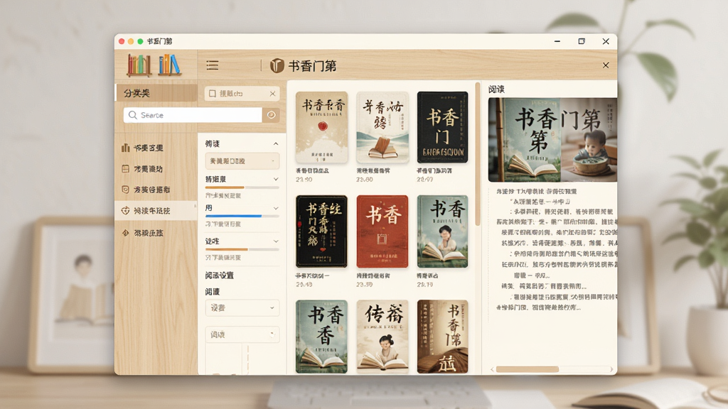 软件主界面全景展示,画面中央是「书香门第」软件窗口,左侧为分类导航栏,右侧为书籍封面网格与阅读预览区,整体布局为经典桌面软件三栏式排版,风格为清新简约的浅木色与米白色搭配,细节包括书架图标、搜索框、下载进度条、阅读设置面板,画质高清,界面干净,无多余元素