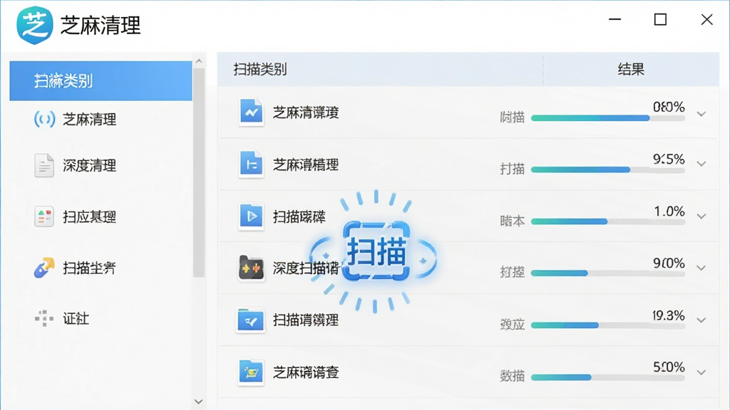芝麻清理深度扫描功能展示,主体是软件扫描界面,界面上显示正在扫描的文件列表和进度百分比,布局为左右分栏,左侧显示扫描类别,右侧显示扫描结果,排版整齐,风格为扁平化设计,细节包括“芝麻清理”软件logo和扫描中的动态图标,画质高清,干净,无多余元素