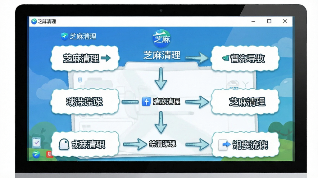 芝麻清理操作教程示意图,主体是电脑屏幕上显示的芝麻清理软件操作步骤截图,布局为从上到下的流程图形式,排版清晰,风格为教程图解风格,细节包括“芝麻清理”文字和操作箭头指示,画质高清,干净,无多余元素