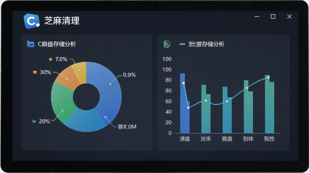 芝麻清理C盘瘦身功能展示,主体是电脑屏幕上的C盘存储分析图表,布局为饼状图和柱状图结合,排版清晰,风格为数据可视化风格,细节包括“芝麻清理”软件名称和C盘图标,画质高清,干净,无多余元素