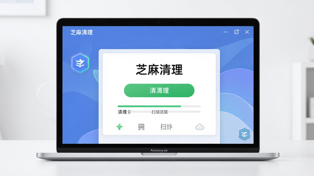 芝麻清理软件主界面展示,主体是一台笔记本电脑屏幕,屏幕上显示芝麻清理的软件界面,界面中有清理按钮和扫描进度条,布局为居中展示电脑屏幕,排版简洁,风格为科技简约风,细节包括界面上的“芝麻清理”文字标识和绿色的清理按钮,画质高清,干净,无多余元素