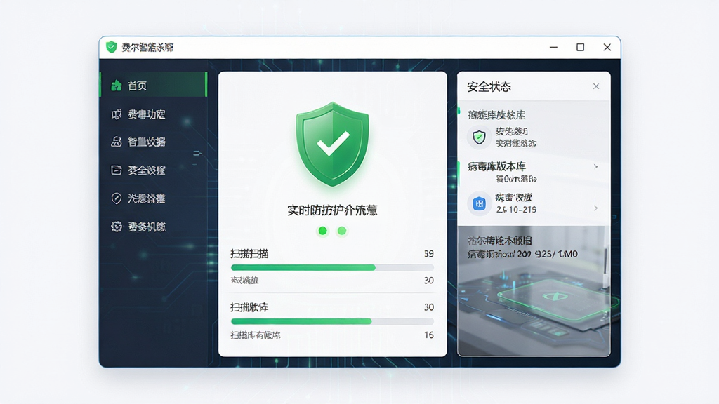 费尔智能杀毒软件主界面全景展示,主体为软件运行窗口占据画面中央,布局上左侧为功能导航栏,右侧为安全状态概览面板,排版简洁清晰,风格为现代科技感UI设计,细节包括绿色安全盾牌图标、实时防护状态指示灯、扫描进度条与病毒库版本信息,画质高清,干净,无多余元素