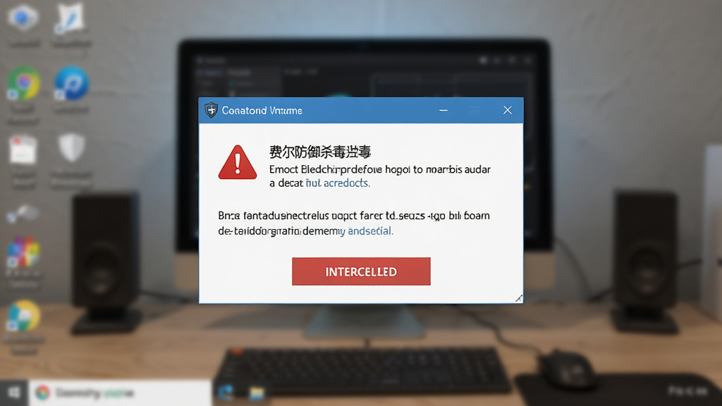 费尔智能杀毒主动防御拦截弹窗界面,主体为软件弹窗提示框位于画面中央,布局上弹窗占据视觉焦点,背景为模糊的桌面环境,排版为居中构图,风格为写实UI截图风格,细节包括红色警告图标、拦截按钮、威胁描述文字,画质高清,干净,无多余元素