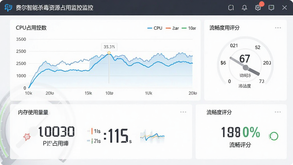 费尔智能杀毒资源占用监控面板,主体为性能监控图表,布局上折线图与数值指标并列排布,排版为仪表盘式布局,风格为简约数据可视化风格,细节包括CPU占用率曲线、内存使用量数字、流畅度评分,画质清晰,干净,无多余元素