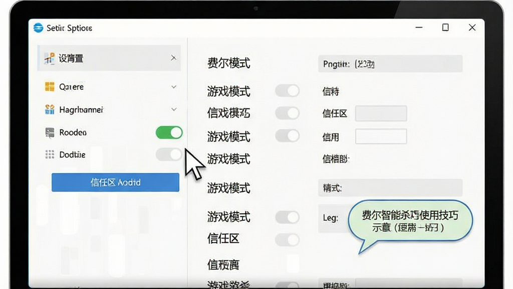 费尔智能杀毒使用技巧示意图,主体为电脑屏幕显示软件设置界面,布局上设置选项列表位于左侧,详细参数位于右侧,排版为左右分栏结构,风格为简洁教程风格,细节包括鼠标指针指向