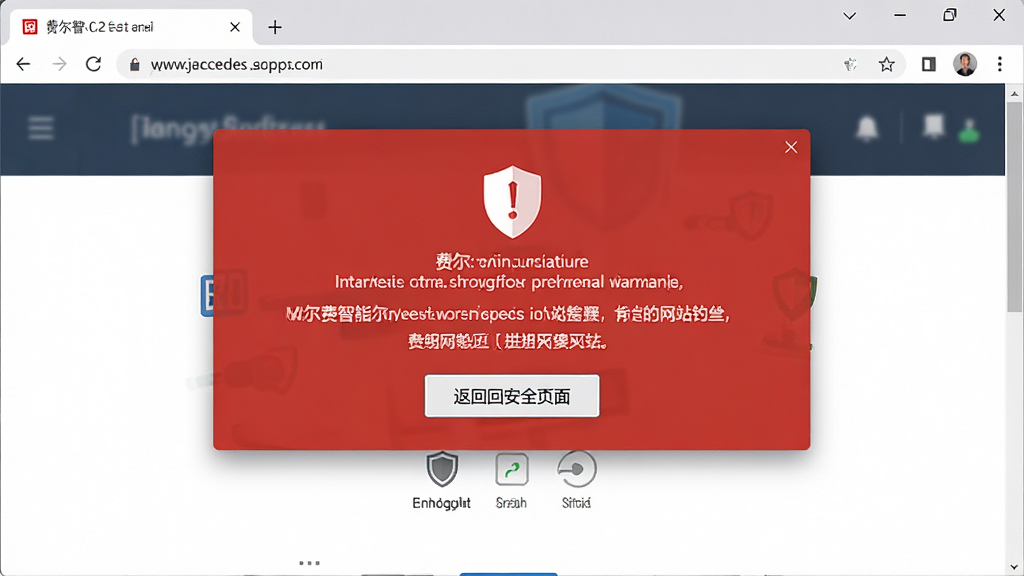 费尔智能杀毒拦截钓鱼网站警示页面,主体为浏览器中弹出的红色警告页面,布局上警告信息占据页面中央,排版为全屏覆盖式布局,风格为写实网页截图风格,细节包括危险网站地址、返回安全页面按钮、盾牌警示图标,画质清晰,干净,无多余元素