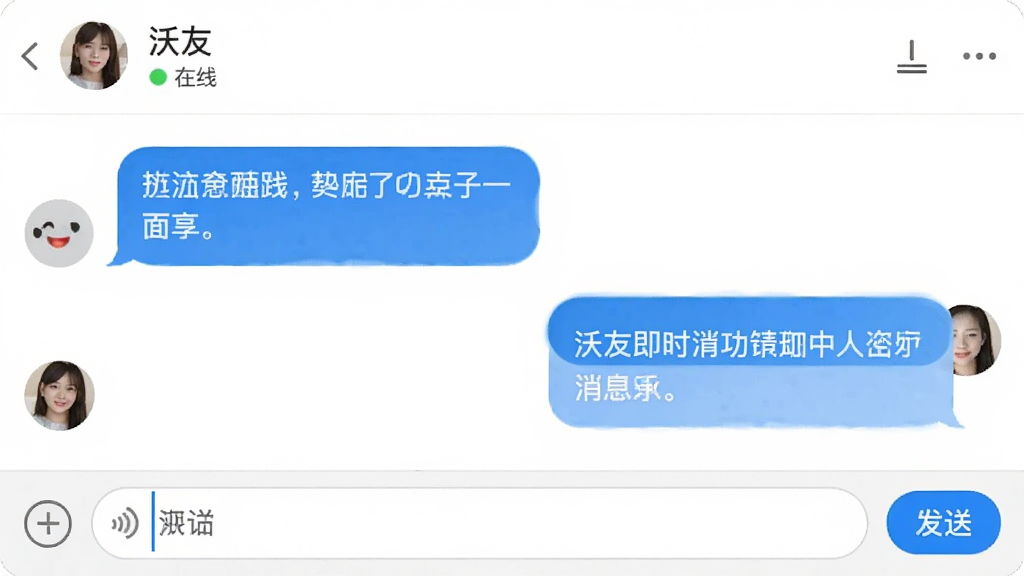 一张展示沃友即时消息功能的界面截图,画面中显示两个用户的对话气泡,左侧为接收消息,右侧为发送消息,气泡内包含文字和表情符号,顶部显示联系人名称和在线状态,底部为输入框和发送按钮,整体风格清爽简洁,蓝白配色,适合作为功能展示图