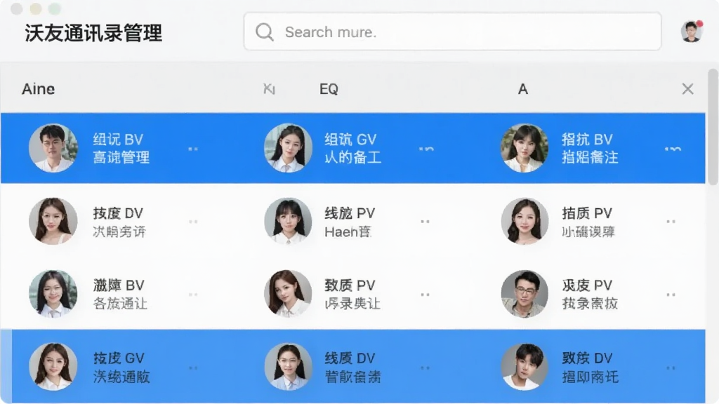 一张展示沃友通讯录管理界面的预览图,画面中显示联系人列表按字母分组排列,每个联系人右侧有头像和备注名称,顶部有搜索框,整体布局规整,浅灰色背景搭配蓝色高亮,适合作为通讯录功能展示图