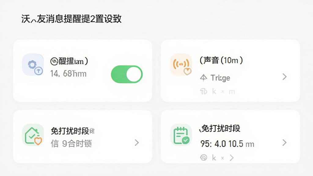 一张展示沃友消息提醒设置界面的预览图,画面中显示提醒开关、声音选择、免打扰时段设置等选项,界面采用卡片式布局,每个设置项配有图标和说明文字,整体风格清新简洁,适合作为设置功能展示图