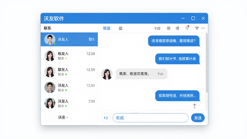 一张展示沃友软件主界面的预览图,画面中央是沃友聊天窗口,左侧为联系人列表,右侧为对话区域,整体布局简洁清晰,采用蓝白配色风格,界面元素包括头像、消息气泡、输入框和发送按钮,画面干净整洁,无多余装饰元素,适合作为软件下载页面的展示图