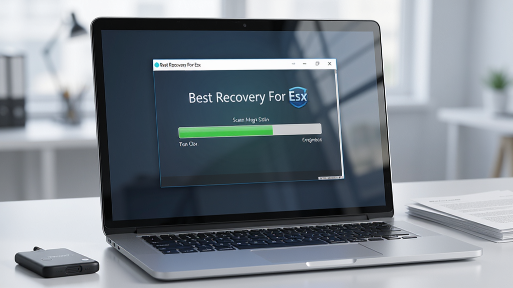 主体是一台打开的笔记本电脑屏幕,屏幕上显示“Best Recovery For Esx”软件界面,界面中央有虚拟磁盘扫描进度条,布局采用居中构图,排版上软件窗口占据画面主要位置,风格为现代科技感写实风格,细节包括屏幕反光、桌面有移动硬盘和几份文件,画质高清,干净,无多余元素