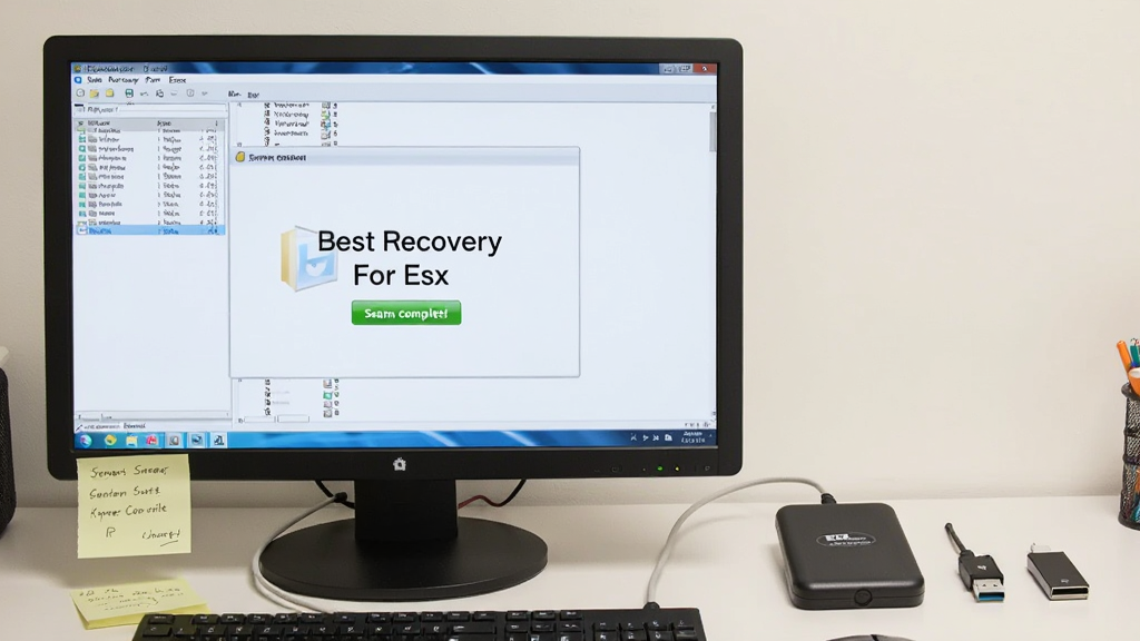主体是一台电脑屏幕显示“Best Recovery For Esx”扫描完成界面,旁边放着移动硬盘和U盘,布局为电脑在左、存储设备在右,排版自然,风格为写实办公场景,细节包括屏幕上的文件列表和桌面便签,画质清晰,干净,无多余元素