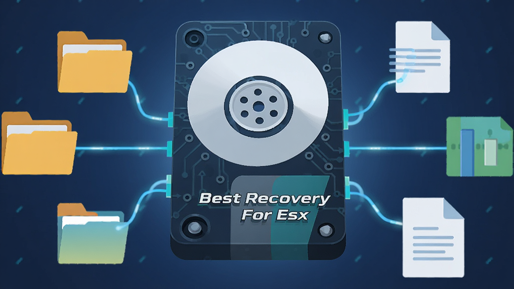 主体是一块悬浮的虚拟磁盘图标,图标上标注“Best Recovery For Esx”,布局为磁盘图标在中央,周围环绕着文件夹和文档图标,排版呈放射状,风格为扁平化科技插画,细节包括磁盘表面的电路纹理和发光的连接线,画质清晰,干净,无多余元素
