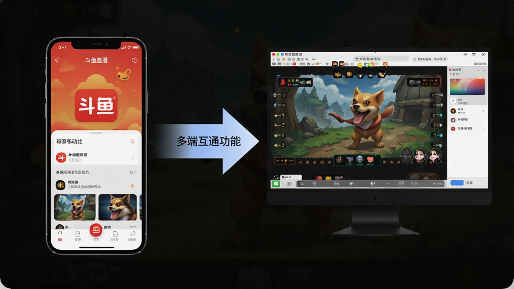 斗鱼直播移动端与电脑端对比示意图,左侧为手机APP界面,右侧为电脑客户端界面,中间有连接箭头,展示多端互通功能,风格简洁,布局对称,画质高清,干净,无多余元素