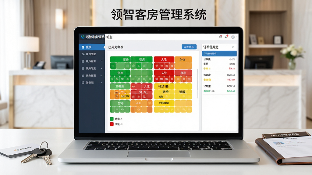 软件全貌展示图,画面中央是一台打开的笔记本电脑,屏幕上显示领智客房管理系统的主界面,左侧为功能导航栏,中间是彩色房态图,绿色表示空房、红色表示已入住、黄色表示待打扫,右侧为订单信息面板;桌面旁边摆放着房卡、钥匙和一本前台登记簿,背景是明亮的酒店前台环境;整体采用写实商务风格,构图居中,色彩干净清爽,细节清晰,画质高清,无多余元素,画面中可出现“领智客房管理系统”字样