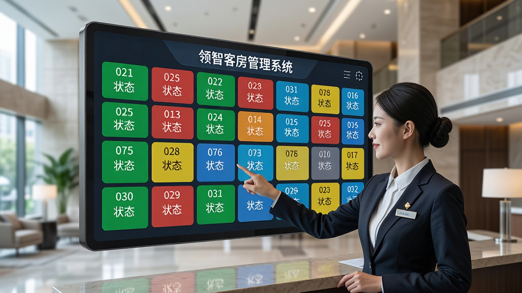AI生图,画面为一块悬浮的电子房态看板,看板上整齐排列着多间客房的方格,方格用绿、红、黄、蓝等颜色区分不同房态,每个方格内标注房间号和状态文字;看板前方有一位穿着职业装的前台人员正在用手指点选房间,背景为现代酒店大堂;风格为写实科技感,布局规整,色彩鲜明,细节清晰,画质高清,画面干净,无多余元素,看板顶部可出现“领智客房管理系统”字样