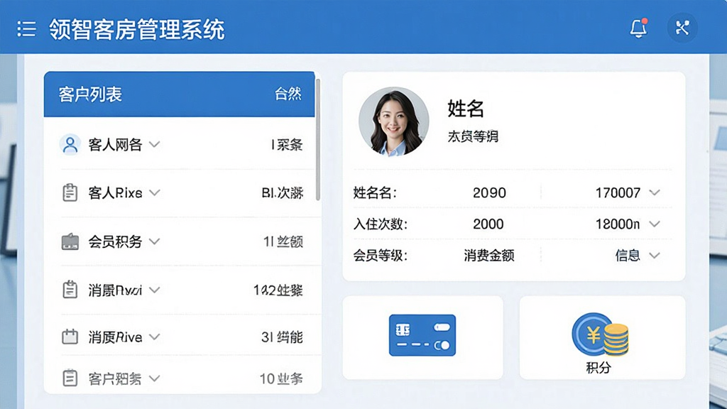 AI生图,画面为一个简洁的客户档案管理界面,左侧是客人列表,右侧显示某位客人的头像、姓名、入住次数、消费金额和会员等级等信息;界面下方有会员卡和积分图标;整体为扁平化商务风格,布局清晰,配色以蓝白为主,细节精致,画质高清,画面干净,无多余元素,界面标题处可出现“领智客房管理系统”字样