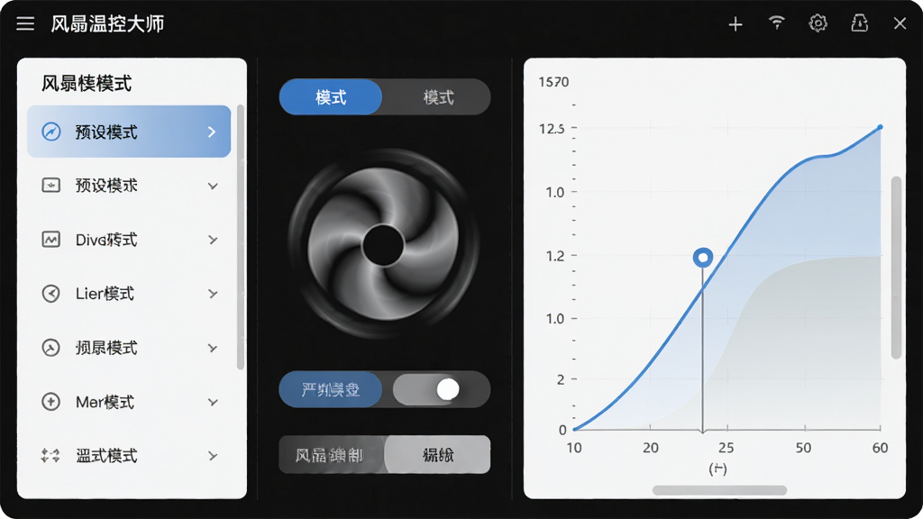 联想温控大师智能风扇调速设置界面,主体为风扇转速曲线编辑面板,布局为左侧预设模式列表、右侧曲线拖拽编辑区,排版左中右三栏结构,风格为扁平化极简科技风,细节包括风扇叶片旋转动画、模式切换按钮、温度坐标轴,画质高清干净,无多余元素