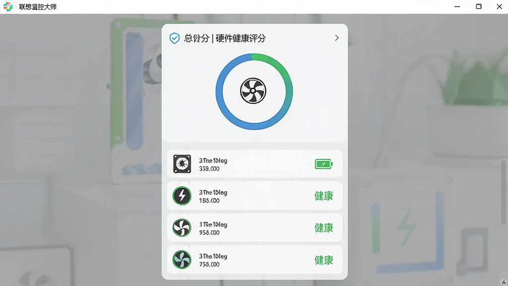 联想温控大师硬件健康检测报告界面,主体为硬件健康评分卡片,布局为上方总分环形图、下方各硬件明细列表,排版纵向卡片式排列,风格为清新浅色商务风,细节包括硬盘图标、电池图标、风扇图标、绿色健康标识,画质高清干净,无多余元素