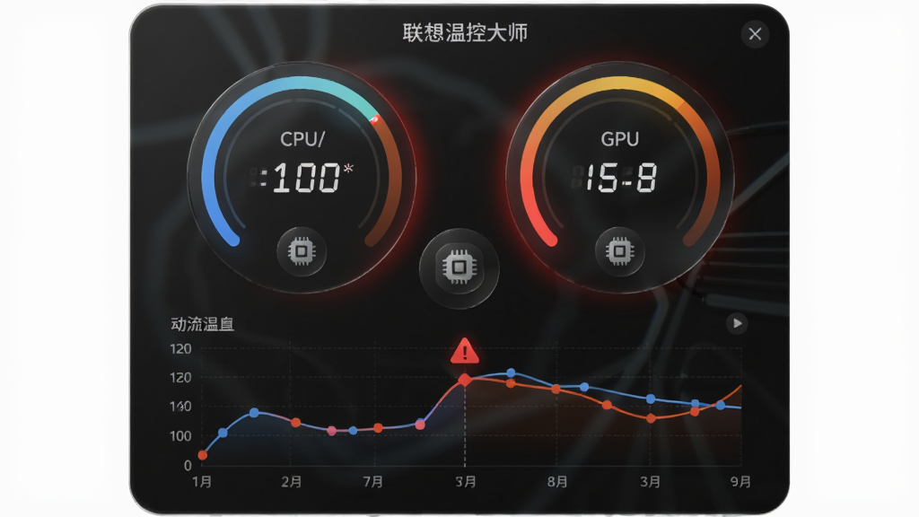 联想温控大师实时温度监控界面,主体为悬浮式温度仪表盘,布局为上方CPU/GPU双环形温度计,下方为动态温度曲线图,排版居中对称,风格为深色玻璃拟态科技风,细节包括温度数字跳动效果、预警红色光晕、硬件图标,画质高清干净,无多余元素