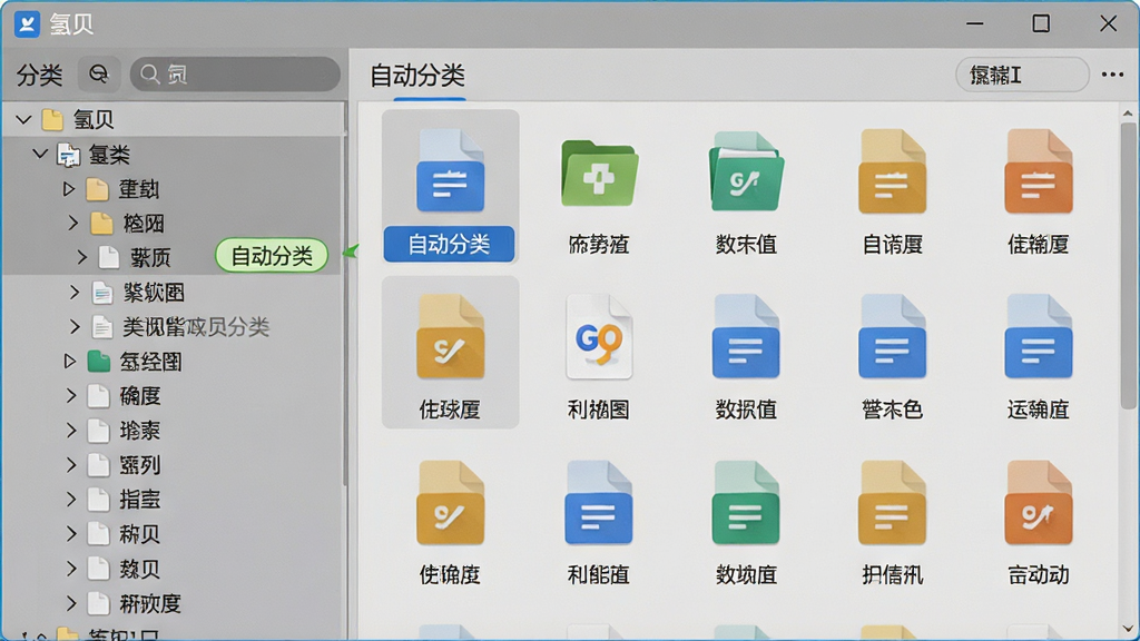 一张氢贝软件智能分类功能的界面截图,画面主体是软件窗口,窗口左侧显示分类目录树,右侧展示按类型排列的文件图标网格,布局清晰,排版整齐,风格为简约商务风,细节上突出自动分类标签和文件缩略图,界面中包含“氢贝”字样,画质高清,干净无杂乱元素。
