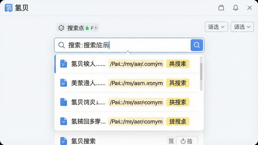 一张氢贝软件快速搜索功能的界面展示图,画面中心是软件搜索框输入关键词后弹出的结果列表,列表项包含文件名称、路径和匹配高亮,布局紧凑,风格为清爽浅色,细节上体现搜索速度标识和筛选按钮,界面角落有“氢贝”标志,画质细腻,干净无多余装饰。