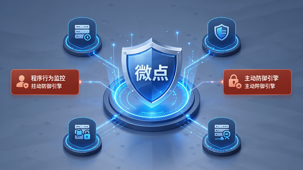 微点主动防御软件主动防御引擎工作示意图,画面中央为软件防护盾牌图标,周围环绕程序行为监控节点与拦截提示,蓝色光效科技感,主体突出,布局对称,排版简洁,风格专业,细节清晰,画质高清,干净无多余元素