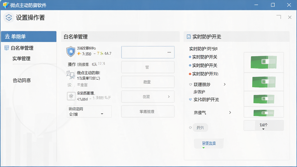微点主动防御软件设置界面操作演示图,画面展示白名单管理与实时防护开关面板,主体为软件设置窗口,布局清晰,排版规整,风格简洁,细节到位,画质高清,干净无多余元素