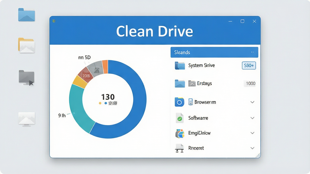 一张展示Clean Drive软件界面的全景图,画面中央是软件主窗口,左侧显示磁盘空间使用情况的环形图表,右侧列出可清理的垃圾文件分类列表,包括系统缓存、浏览器数据、软件残留等条目。窗口采用简洁现代的扁平化设计风格,主色调为蓝色和白色,整体布局清晰有序。软件名称