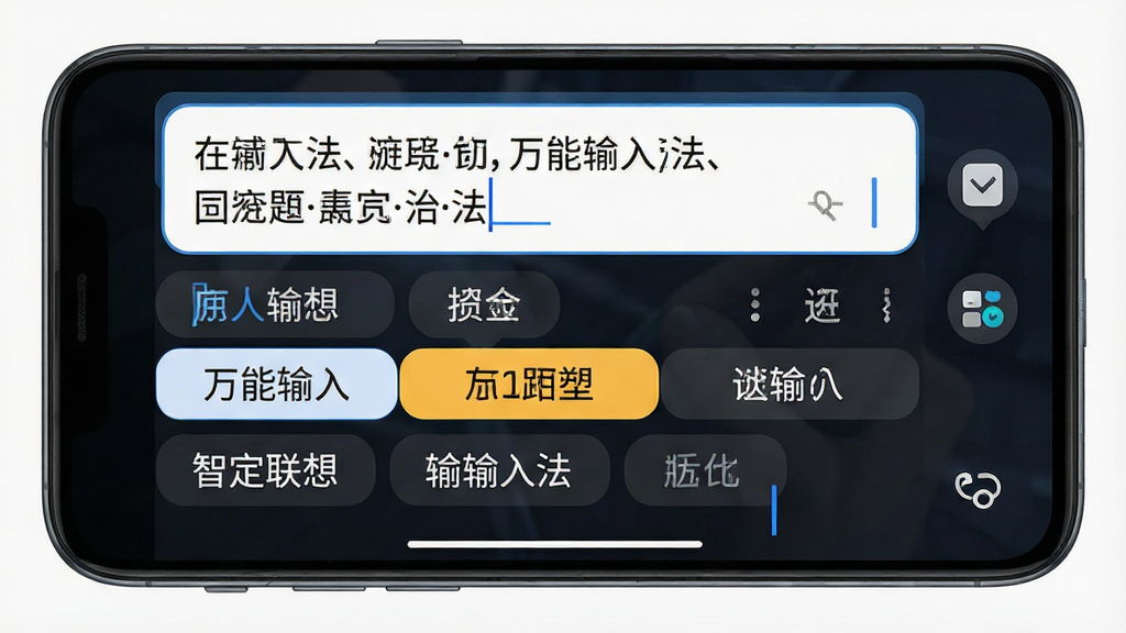 一张展示万能输入法智能联想功能的手机截图,画面主体为安卓手机屏幕,屏幕中显示输入框内正在输入长句,候选词栏展示多个联想词汇,布局为上下结构,风格为现代简约,细节包括候选词高亮、词库图标、输入光标,画质清晰,干净,无多余元素,图片中文字标注“万能输入法”
