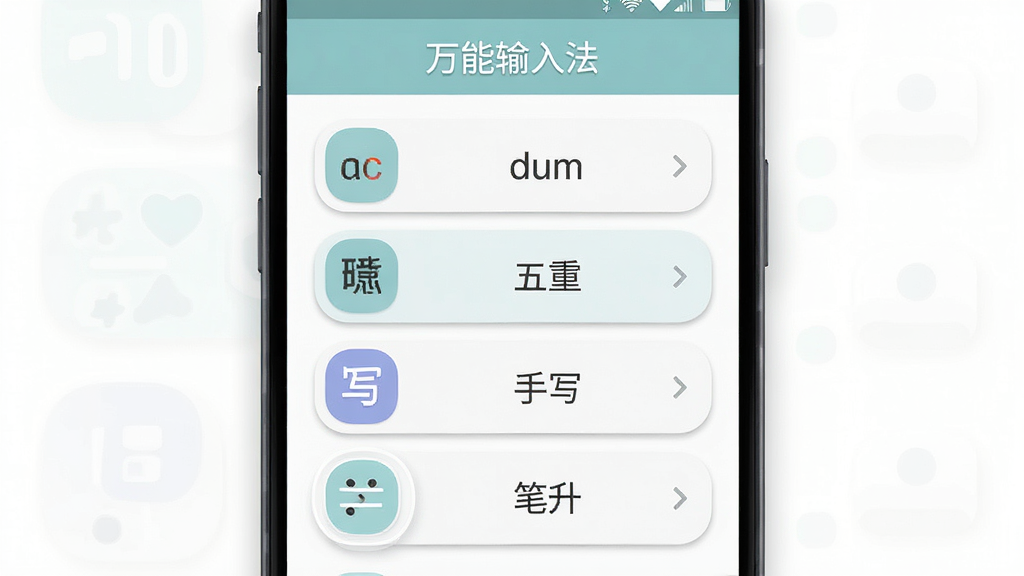 一款手机输入法多模式切换界面的展示图,画面主体为安卓手机屏幕,屏幕中显示万能输入法设置面板,面板上排列拼音、五笔、手写、笔画四个图标按钮,布局为纵向列表,风格为扁平化浅色设计,细节包括图标圆角、选中状态高亮、背景轻微阴影,画质清晰,干净,无多余元素,图片中文字标注“万能输入法”