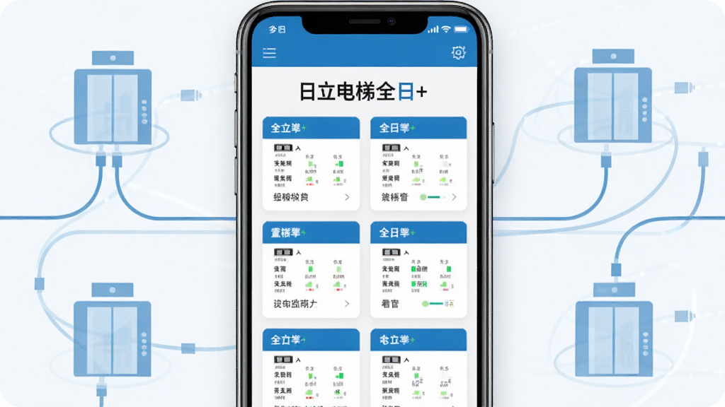 主体是一部智能手机屏幕显示日立电梯全日+的多电梯监控看板,布局为手机竖屏居中,周围环绕半透明电梯图标与数据线,排版简洁,风格为现代扁平化科技风,细节包括蓝色与白色为主的界面配色,屏幕上清晰显示“日立电梯全日+”字样及多部电梯状态卡片,画质清晰,干净,无多余元素