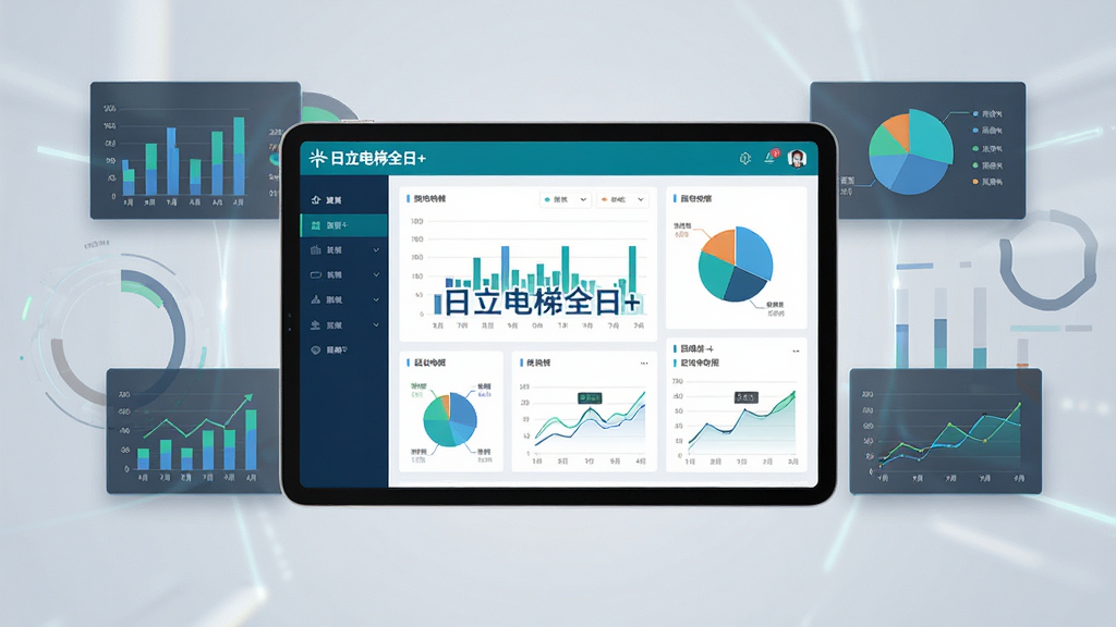 主体是平板电脑或手机屏幕上显示日立电梯全日+的数据分析仪表盘,布局为屏幕居中,周围有抽象的图表元素浮动,排版采用中心对称,风格为数据可视化科技风,细节包括柱状图、饼图与折线图,屏幕上带有“日立电梯全日+”标识,画质清晰,干净,无多余元素