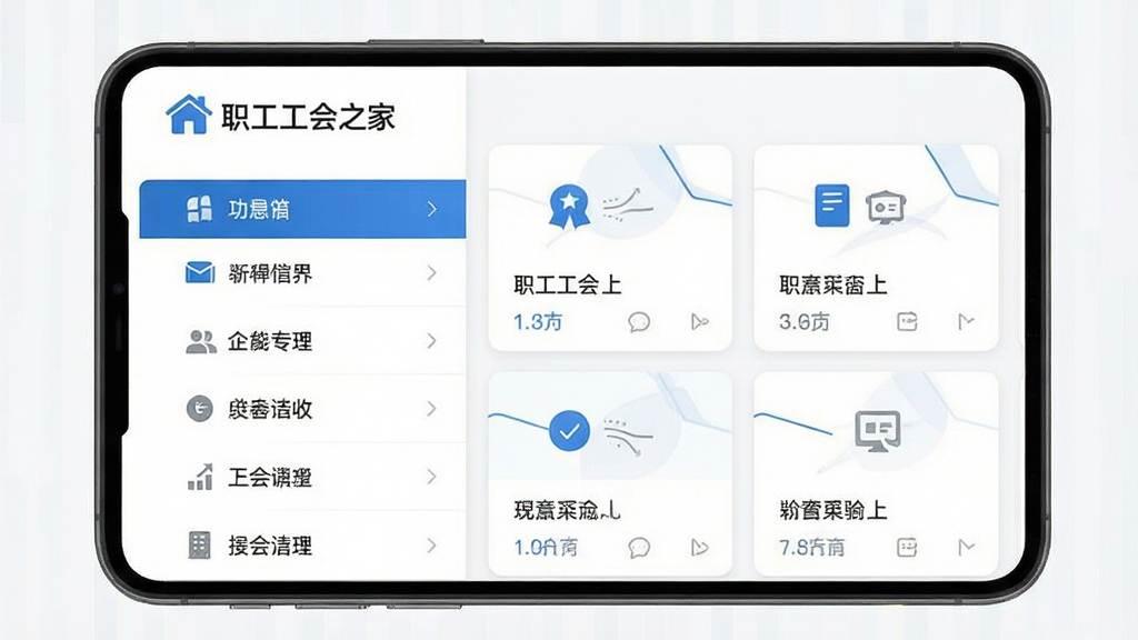 主体为手机应用功能界面展示,布局采用左右分栏,左侧为功能菜单列表,右侧为卡片式内容展示区,排版整齐,风格为清爽商务风,细节包括