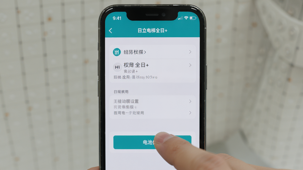 主体是手机屏幕显示日立电梯全日+应用的通知权限设置与电池优化界面,布局为手机居中,手指点击屏幕,排版简洁,风格为写实操作指引风,细节包括设置菜单与高亮按钮,屏幕上带有“日立电梯全日+”字样,画质清晰,干净,无多余元素